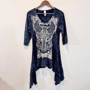 Liberty Wear Gothic Y2K Studded Cross Sharkbite Tunic Top Medium Rhinestones